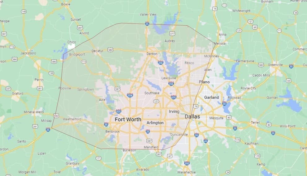 Sparkles SoftWash service area map covering Fort Worth, Dallas, Denton, Weatherford and McKinney